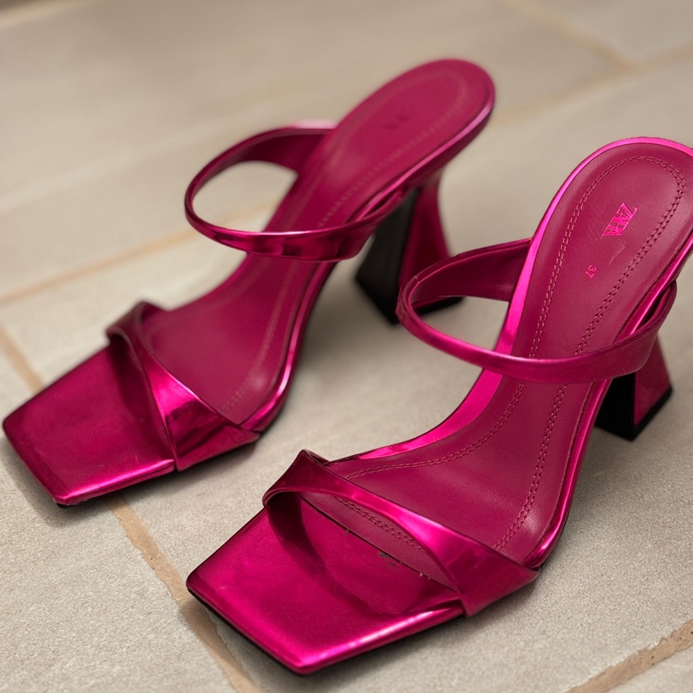 Zara Pink Heels Square Toe Block Heel